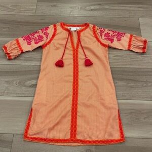 Gretchen Scott Womens Tunic Dress 3/4 Sleeves Embroidered Orange Pink‎ Small XS